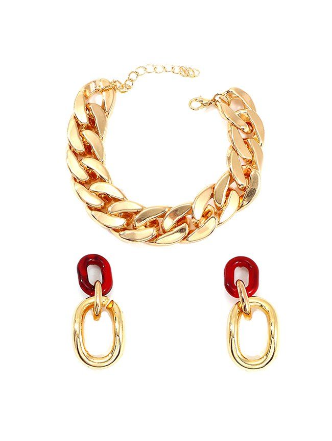 

Punk Chain Necklace And Resin Chain Earrings, Gold