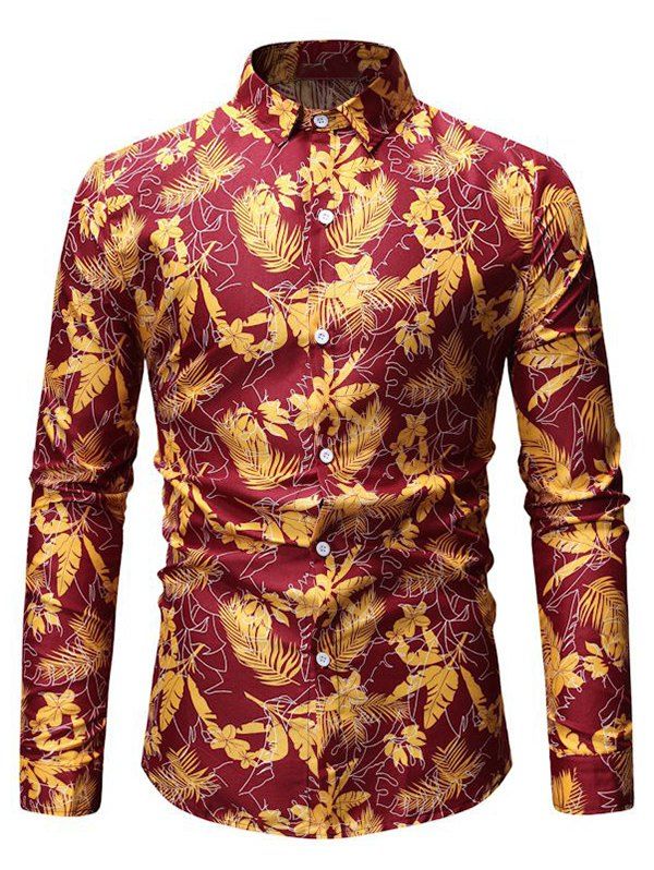 

Tropical Leaf Print Button Up Long Sleeve Shirt, Red