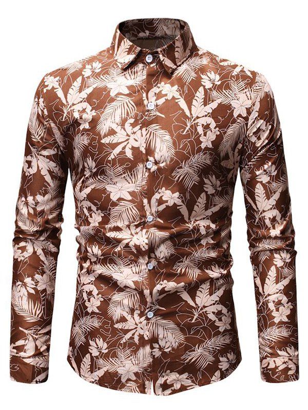 

Tropical Leaf Print Button Up Long Sleeve Shirt, Khaki