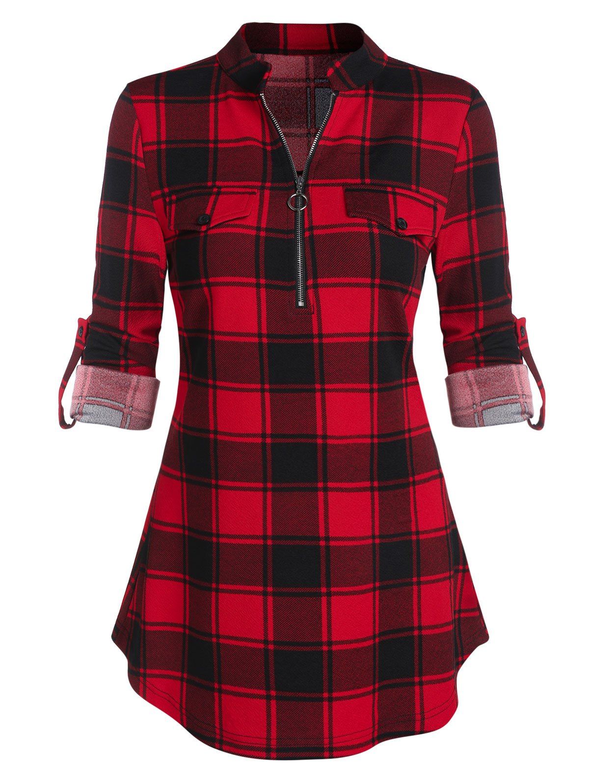

Plaid Print Half Zip Cuffed Sleeve Blouse, Red