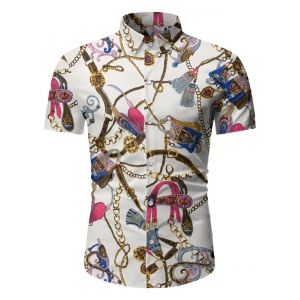 

Chain Print Button Up Short Sleeve Hawaii Shirt, White