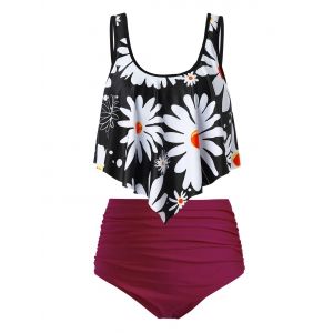 

Plus Size Flower Print Flounce Ruched High Waisted Tankini Swimsuit, Multi