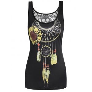 

Skull Dream Catcher Print Hollow Back Tank Top, Black