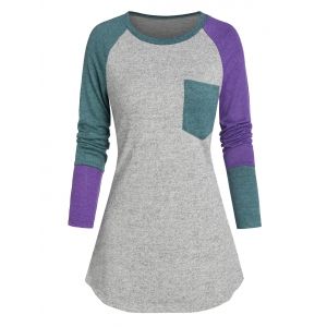 

Round Neck Pocket Raglan Sleeve Top, Multi a