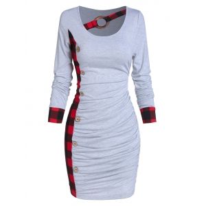 

Ruched Plaid Tight Dress, Light gray