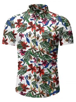 Tropical Floral Print Button Up Short Sleeve Shirt - WHITE - 3XL