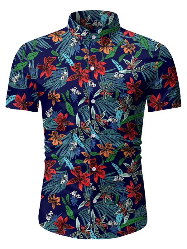 

Tropical Floral Print Button Up Short Sleeve Shirt, Deep blue