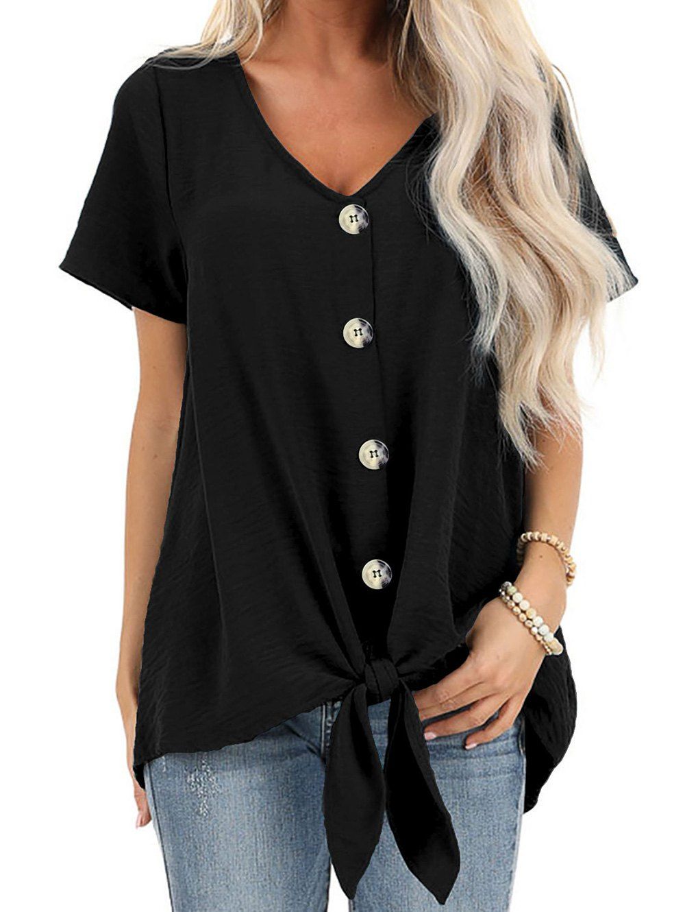 

Tie Hem Button Up V Neck Blouse, Black