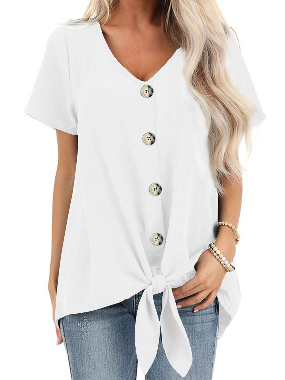 

Tie Hem Button Up V Neck Blouse, White