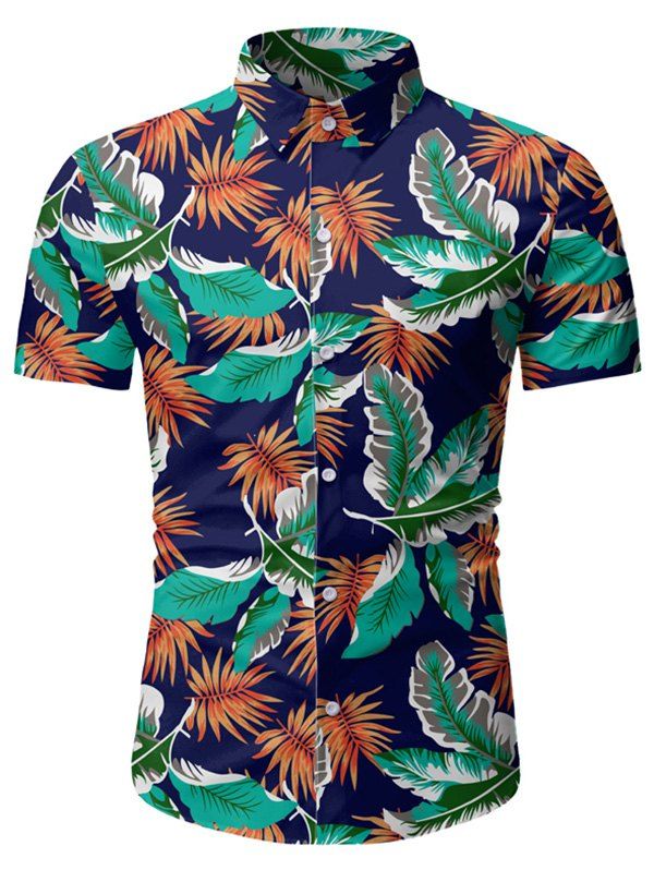 

Tropical Leaf Print Button Up Beach Shirt, Deep blue
