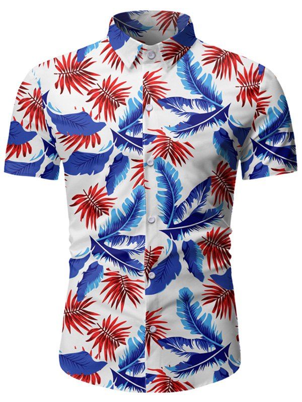 

Tropical Leaf Print Button Up Beach Shirt, White
