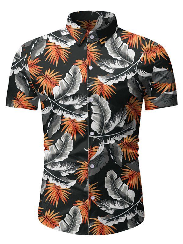 

Tropical Leaf Print Button Up Beach Shirt, Black