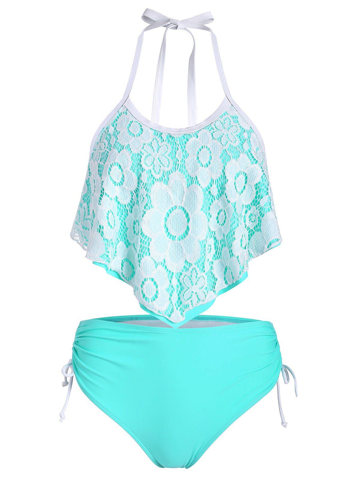 

Lace Panel Overlay Halter Tankini Set, Light aquamarine
