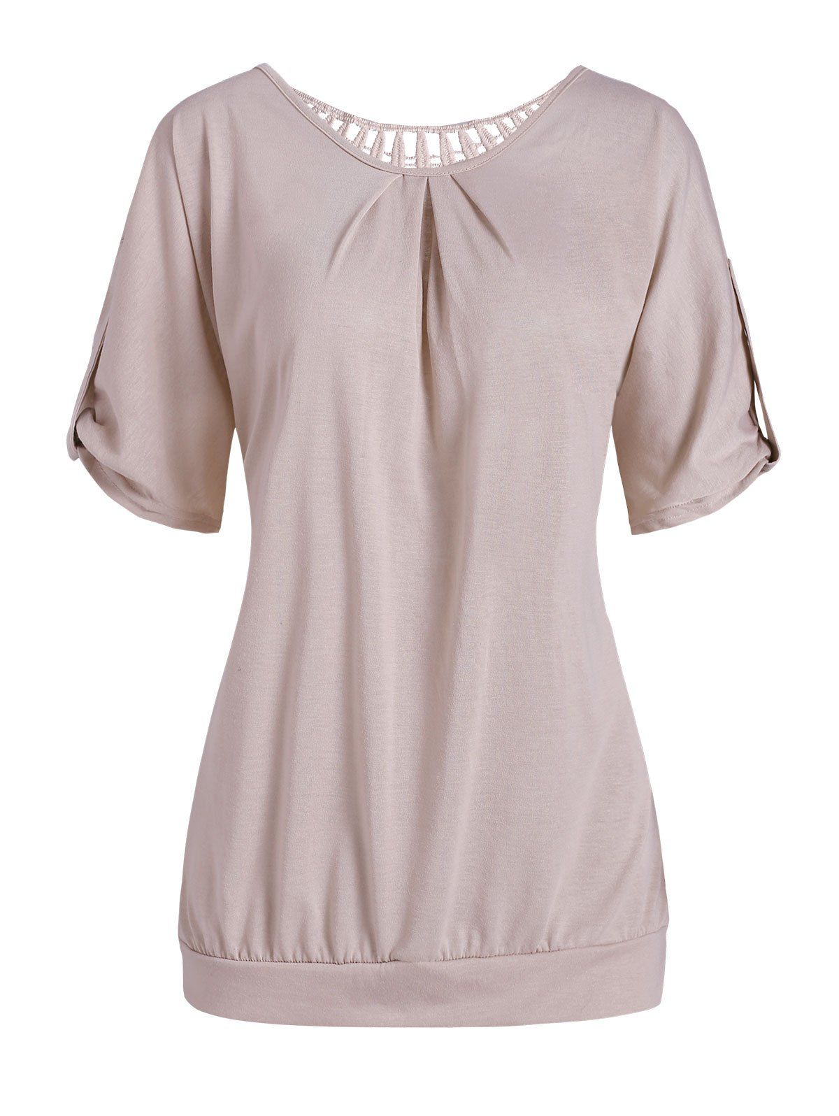 

Applique Panel Openwork Batwing Sleeve Tee, Light khaki