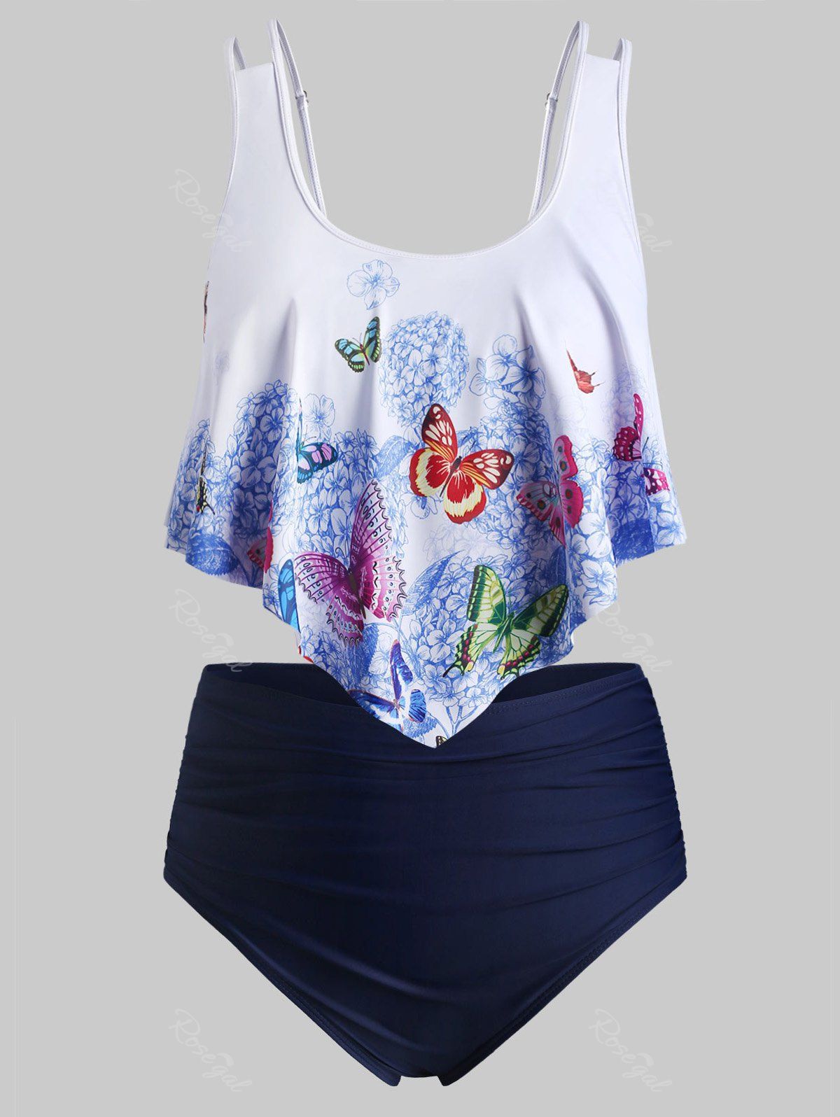 

Plus Size Butterfly Print Overlay Tankini Swimwear, Cadetblue