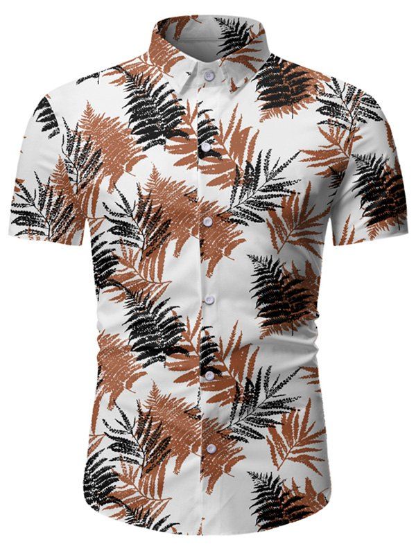 

Leaf Print Button Up Short Sleeve Hawaii Shirt, White