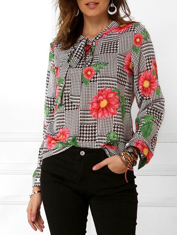 

Houndstooth Floral Print Long Sleeves Blouse, Multi