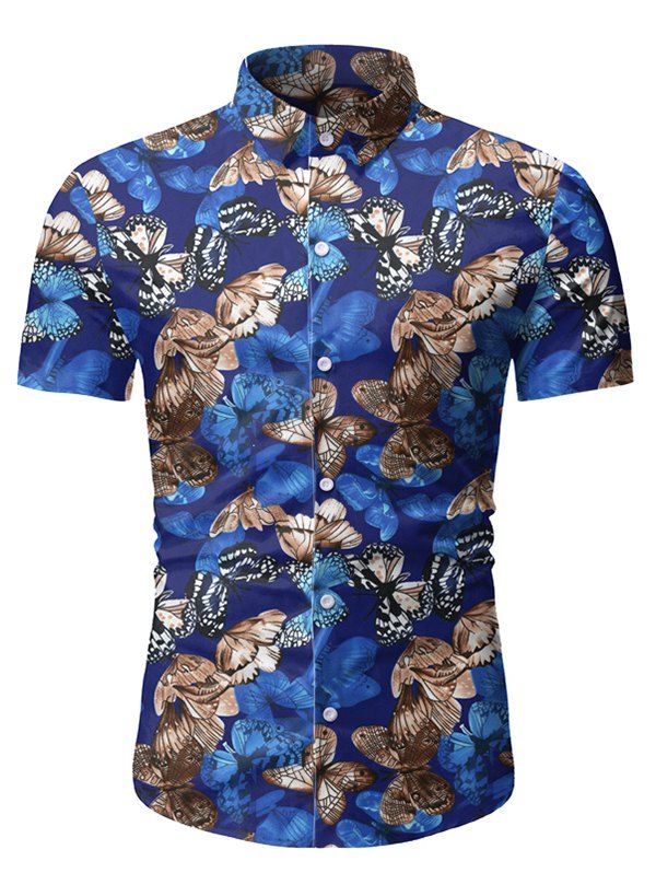 

Butterfly Print Button Up Short Sleeve Shirt, Blue