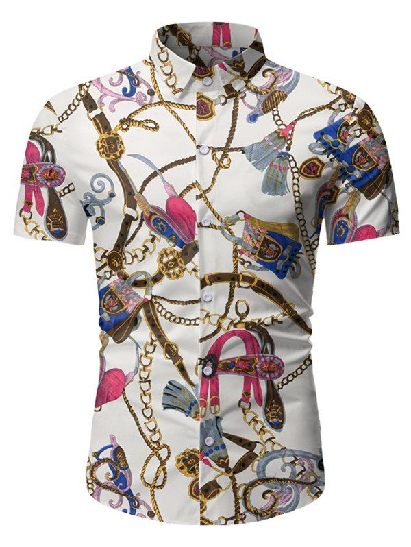 

Chain Print Button Up Short Sleeve Hawaii Shirt, White