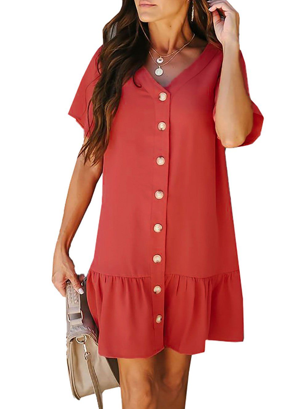 

Button Up Drop Waist V Neck Straight Dress, Valentine red