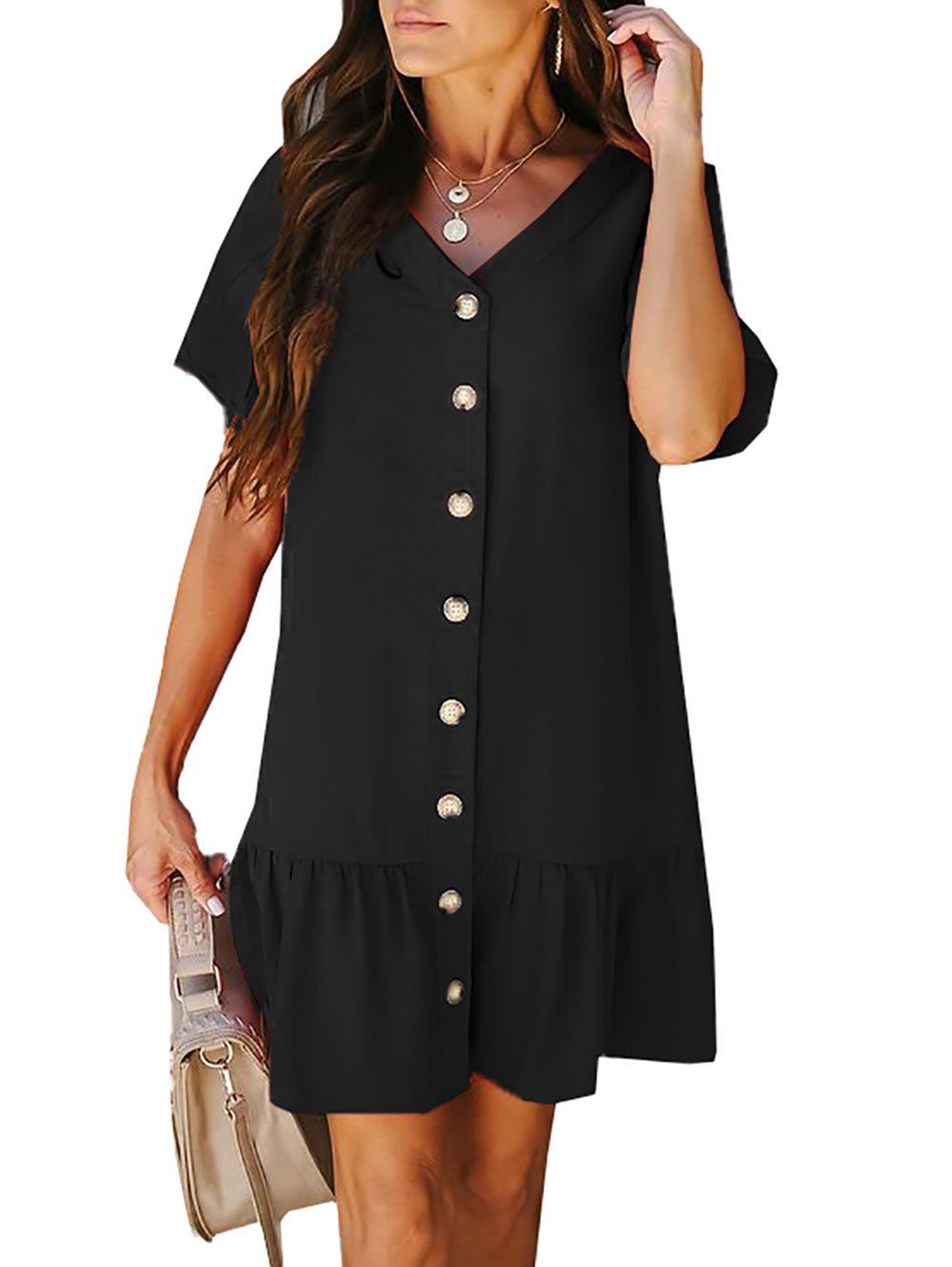 

Button Up Drop Waist V Neck Straight Dress, Black