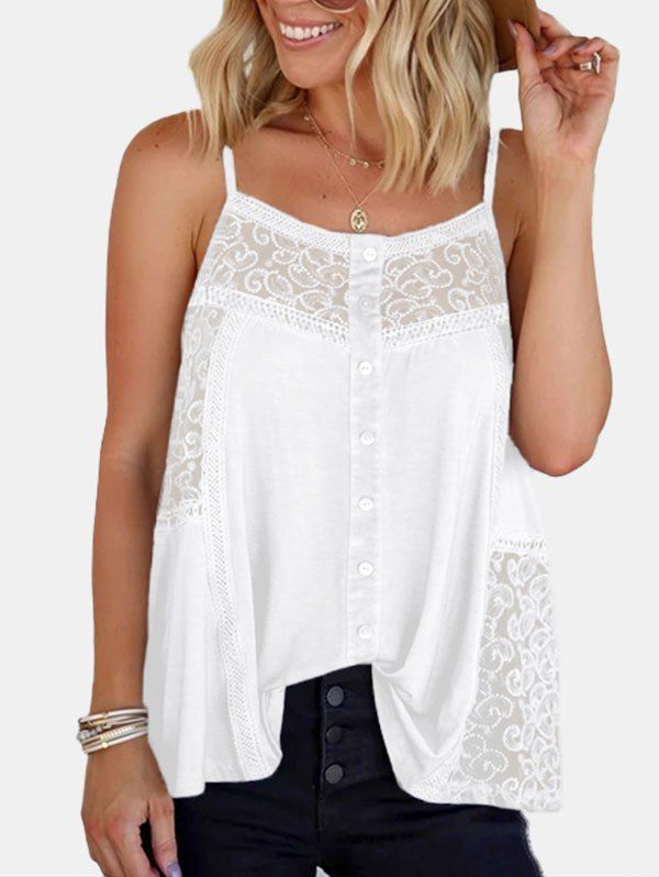 

Guipure Panel Mock Button Camisole, White