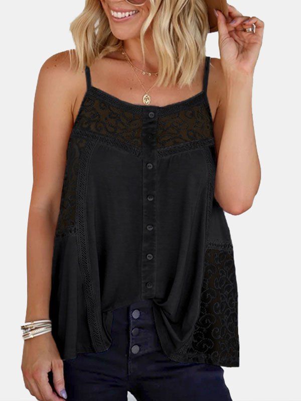 

Guipure Panel Mock Button Camisole, Black