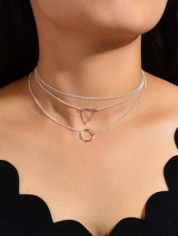 

Geo Ring Multilayered Chain Necklace, Silver