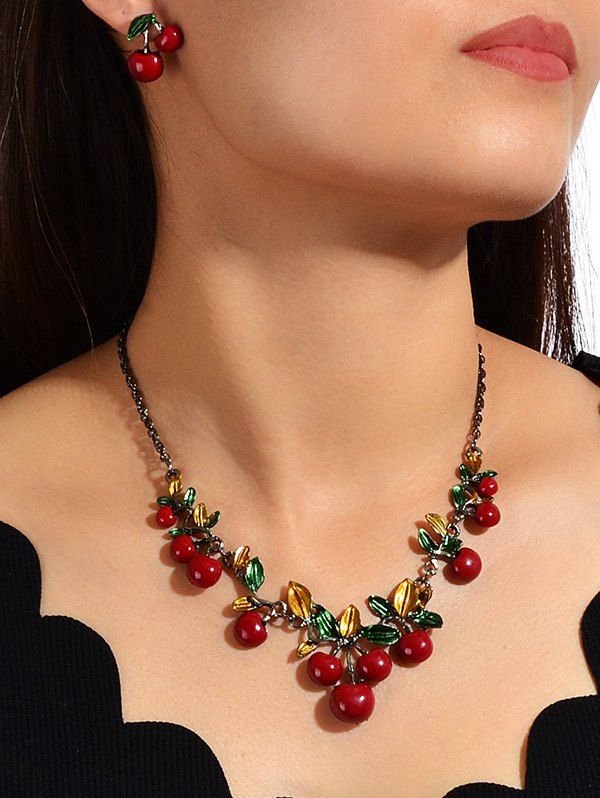 

Alloy Cherry Leaf Shaped Necklace and Earrings, Lava red