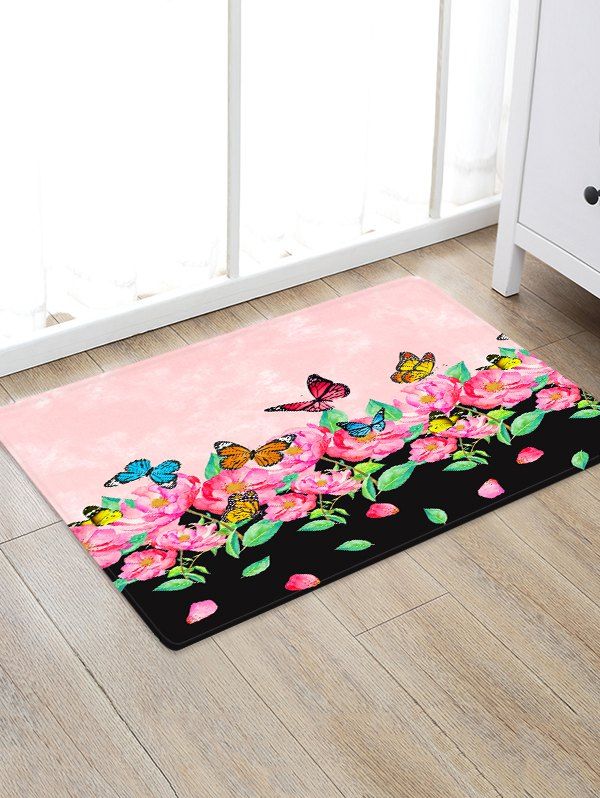 

Valentine Butterfly and Flowers Pattern Water Absorption Area Rug, Multi