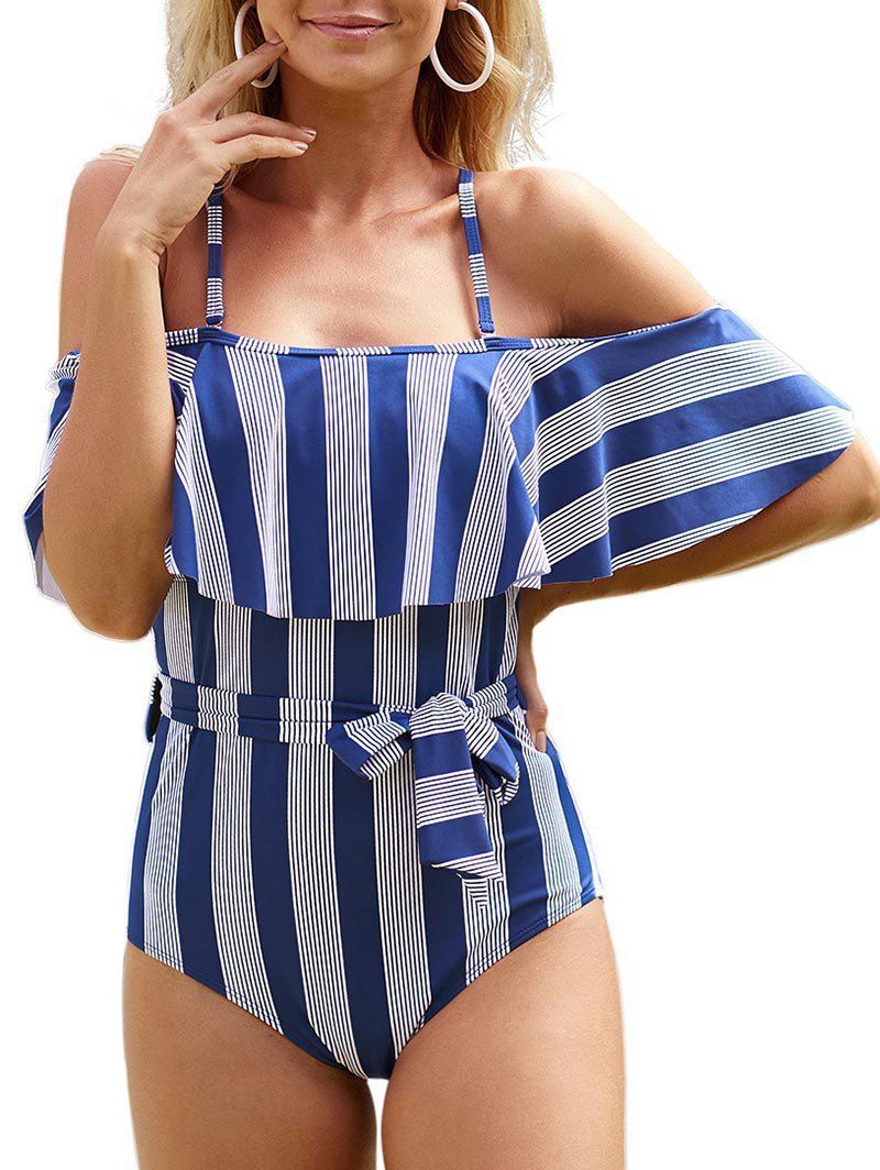 

Striped Flounce Open Shoulder Belted Swimwear, Blueberry blue