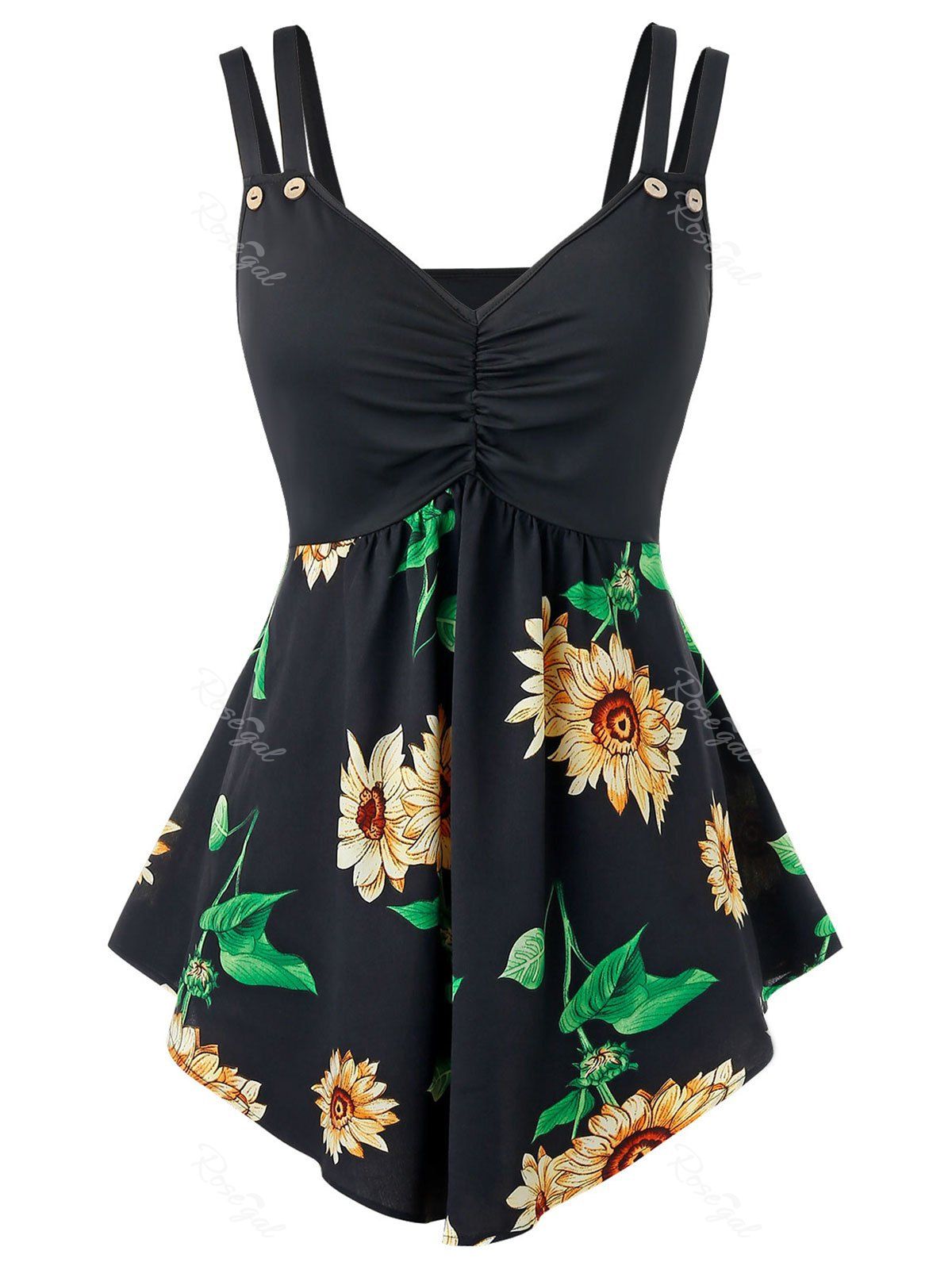 

Plus Size Sunflower Print Dual Strap Backless Tunic Tank Top, Black