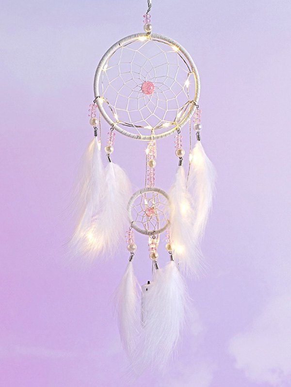 

Faux Pearl Beaded LED Light Feather Dream Catcher, White