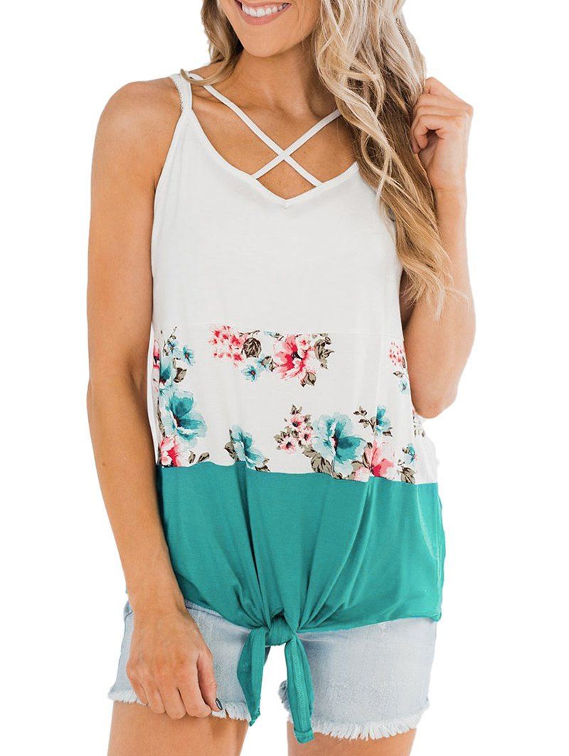 

Floral Criss Cross Tie Hem Tank Top, Medium turquoise