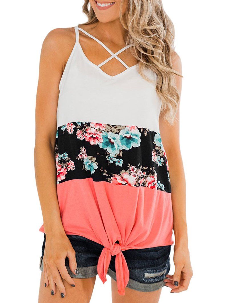 

Floral Criss Cross Tie Hem Tank Top, Living coral