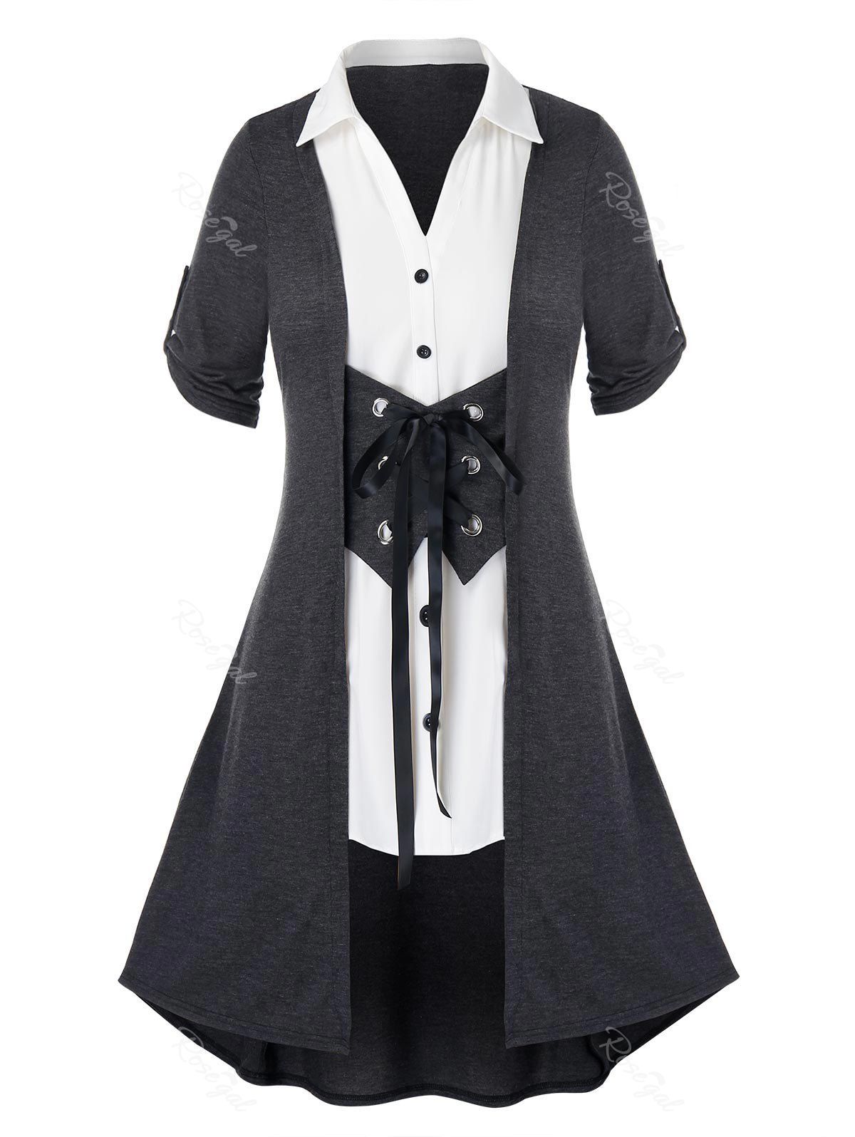 

Button Lace Up Plus Size Splicing Blouse, White
