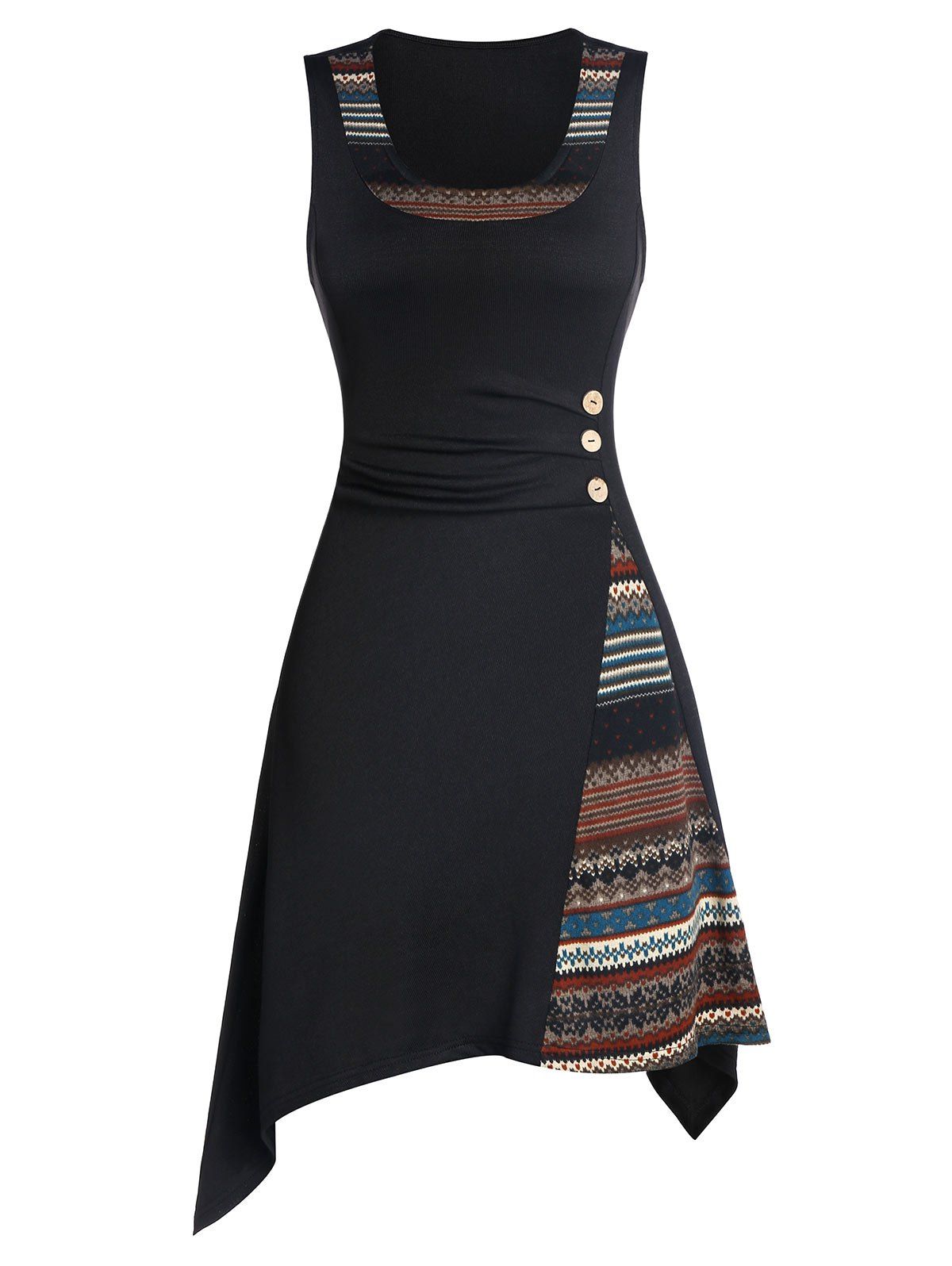 

Asymmetric Fair Isle Pattern Button Ruched Tank Top, Black