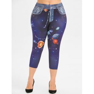 

Plus Size Planet Print Capri Jeggings, Denim dark blue