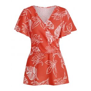 

Flower Leaf Print Flutter Sleeve V Neck Surplice Blouse, Orange
