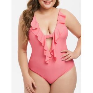 

Plus Size Plunge Ruffled Cutout One-piece Swimsuit, Flamingo pink