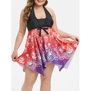 

Plus Size Handkerchief Ombre Tribal Print Skirted Tankini Swimsuit, Red