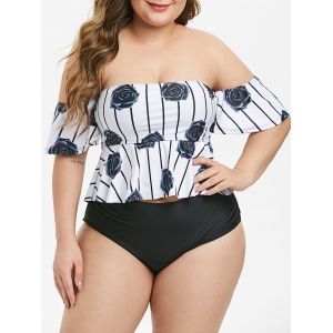 

Peplum Hem Stripes Rose Off Shoulder Plus Size Two Piece Swimsuit, White