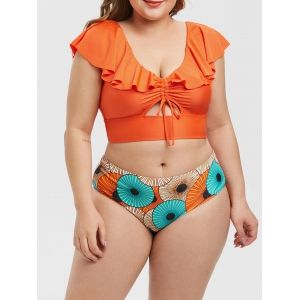 

Plus Size Ruffle Cinched Keyhole Printed Two Piece Swimsuit, Orange