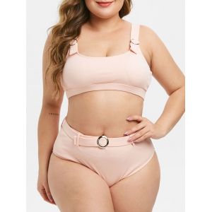 

Plus Size Ring Belted Textured Ribbed Bikini Swimsuit, Deep peach