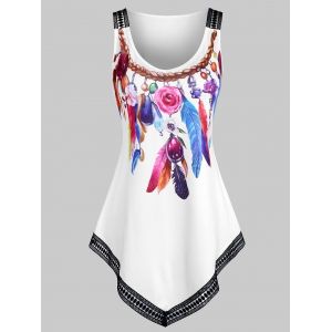 

Feather Print Lace Trim Pointed Hem Tank Top, White