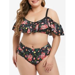 

Plus Size Floral Flounce Ruched Cold Shoulder Bikini Swimsuit, Black