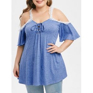 

Plus Size Lace Up Cold Shoulder Lace Panel Tunic Tee, Blueberry blue