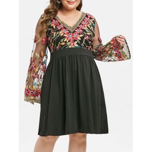 

Plus Size Fit And Flare Embroidery Gauze Sleeve Dress, Black