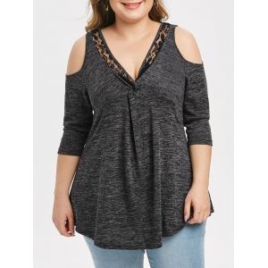 

Plus Size Space Dye Cold Shoulder Lace Panel Twisted Tee, Light slate gray