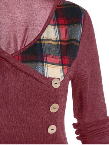 

Plaid Print Mock Button V Neck Layered T-shirt, Red